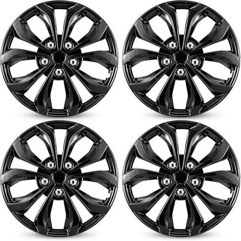 Universal Hubcaps for Steel Wheels, Snap-On Wheel Covers with Adjustable Steel Retaining Ring, Durable ABS, Patent Design (Glossy Black, 15-inch) in Kuwait