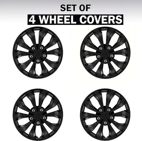 Universal Hubcaps for Steel Wheels, Snap-On Wheel Covers with Adjustable Steel Retaining Ring, Durable ABS, Patent Design (Glossy Black, 15-inch) in Kuwait