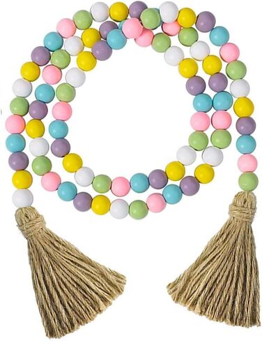 Easter Wood Bead Garland, Wooden Beads with Tassels Shaped Pendant Boho Decor Hanging Beads Easter Decorations in Saudi Arabia