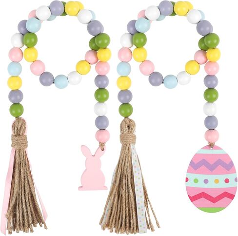 CCINEE 2PCS Spring Wood Bead Garland with Tassels and Bunny Tag Easter Wood Bead Garland Wooden Beaded Boho Decor Farmhouse Rustic Hanging Decorations for Home Room Wall Tiered Tray Shelf in Saudi Arabia