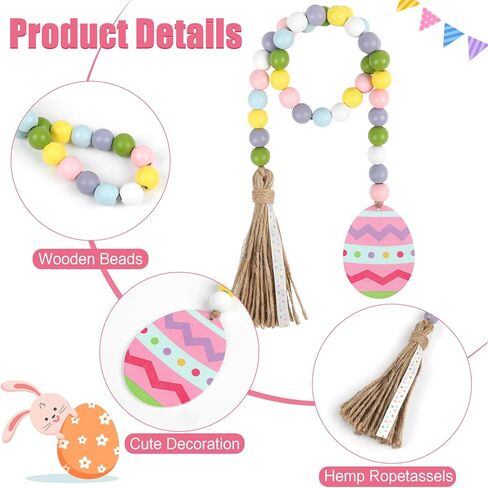 CCINEE 2PCS Spring Wood Bead Garland with Tassels and Bunny Tag Easter Wood Bead Garland Wooden Beaded Boho Decor Farmhouse Rustic Hanging Decorations for Home Room Wall Tiered Tray Shelf in Saudi Arabia