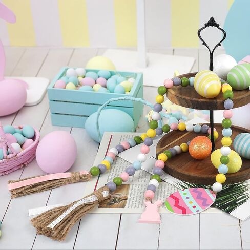 CCINEE 2PCS Spring Wood Bead Garland with Tassels and Bunny Tag Easter Wood Bead Garland Wooden Beaded Boho Decor Farmhouse Rustic Hanging Decorations for Home Room Wall Tiered Tray Shelf in Saudi Arabia
