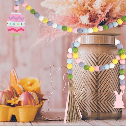 CCINEE 2PCS Spring Wood Bead Garland with Tassels and Bunny Tag Easter Wood Bead Garland Wooden Beaded Boho Decor Farmhouse Rustic Hanging Decorations for Home Room Wall Tiered Tray Shelf in Saudi Arabia