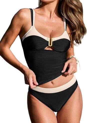 CUPSHE المرأة Tankini مجموعات مغرفة الرقبة U سلك قطعتين لباس سباحة انقطاع البطن التحكم الخلفي هوك الأشرطة قابل للتعديل in Kuwait