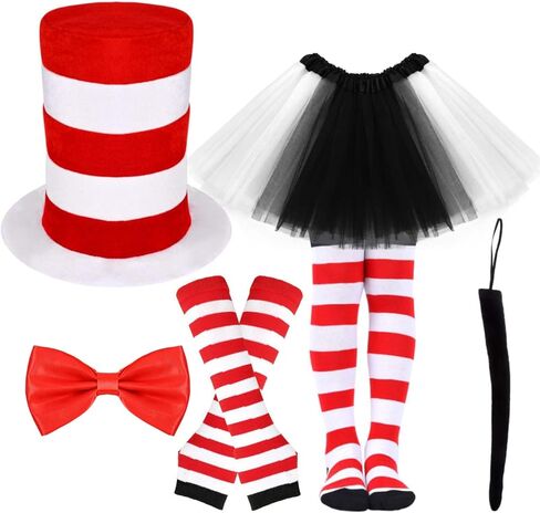 6 Pcs Cat Costume Accessories Set Include Red White Striped High Top Hat Gloves Socks Black White Tutu Skirt Red Bow Tie Tail for Book Week Party Supply in Saudi Arabia