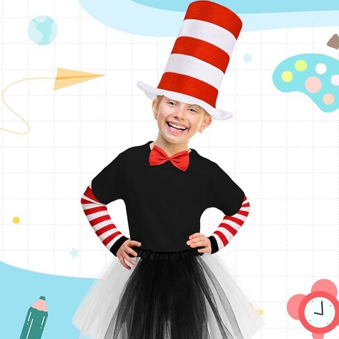 6 Pcs Cat Costume Accessories Set Include Red White Striped High Top Hat Gloves Socks Black White Tutu Skirt Red Bow Tie Tail for Book Week Party Supply in Saudi Arabia