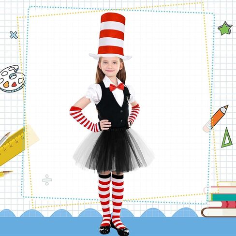 6 Pcs Cat Costume Accessories Set Include Red White Striped High Top Hat Gloves Socks Black White Tutu Skirt Red Bow Tie Tail for Book Week Party Supply in Saudi Arabia