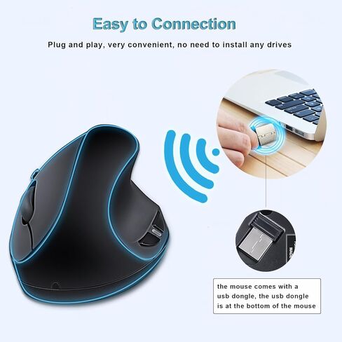 ماوس لاسلكي مريح، ماوس عمودي لاسلكي 2.4 جيجا هرتز بصري مع DPI قابل للتعديل 800/1200/1600 للأيدي الصغيرة، أسود in Kuwait