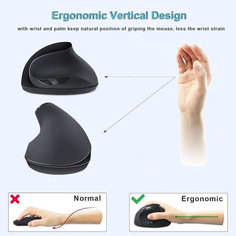 ماوس لاسلكي مريح، ماوس عمودي لاسلكي 2.4 جيجا هرتز بصري مع DPI قابل للتعديل 800/1200/1600 للأيدي الصغيرة، أسود in Kuwait
