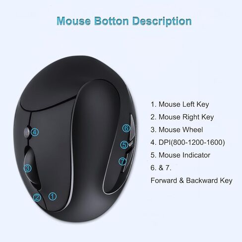 ماوس لاسلكي مريح، ماوس عمودي لاسلكي 2.4 جيجا هرتز بصري مع DPI قابل للتعديل 800/1200/1600 للأيدي الصغيرة، أسود in Kuwait