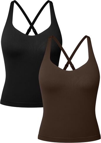 OQQ V Neck Cross Back Sports Bra for Women Padded Adjustable Straps Medium Impact Gym Workout Tank Top 2 Pack in Saudi Arabia