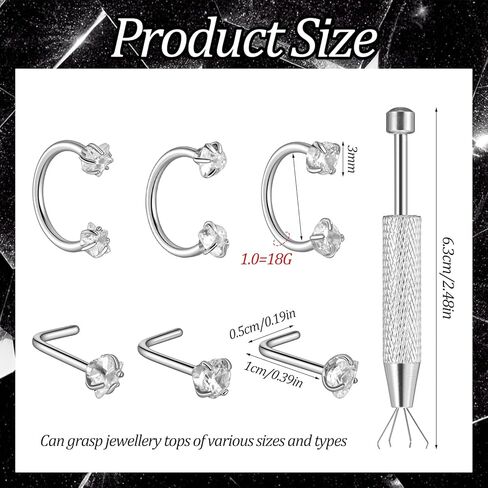 18G Horseshoe Nose Ring Stainless Steel Double Gem Horse Studs Ring Hoop Silver Internally Threaded Piercing for Flat Back Helix Cartilage Lip with Piercing Ball Grabber Tool in Saudi Arabia