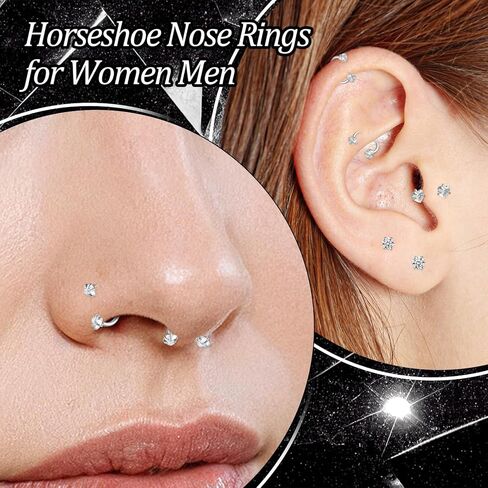 18G Horseshoe Nose Ring Stainless Steel Double Gem Horse Studs Ring Hoop Silver Internally Threaded Piercing for Flat Back Helix Cartilage Lip with Piercing Ball Grabber Tool in Saudi Arabia