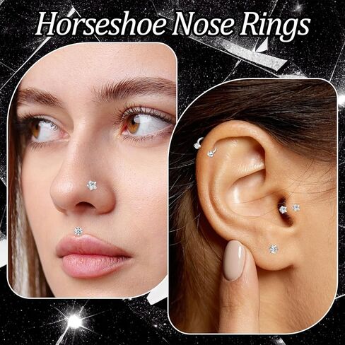 18G Horseshoe Nose Ring Stainless Steel Double Gem Horse Studs Ring Hoop Silver Internally Threaded Piercing for Flat Back Helix Cartilage Lip with Piercing Ball Grabber Tool in Saudi Arabia