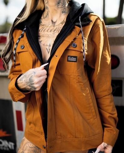 Sullen Men's Survivalist Duck Canvas Jacket Tattoo Lifestyle Hooded Button Up Outdoor Jacket (US, Alpha, Large, Regular, Regular, Dark Gold) in Saudi Arabia