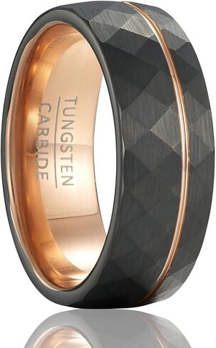 Men's Geometric Diamond-Cut Split Band, 8mm Wide Black Tungsten Wedding Ring in Kuwait