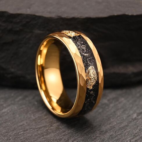 Gold Tungsten Carbide Ring for Men Women 8mm Hammered Inlaid with Gold foil and Meteorite Men's Wedding Bands Stylish and Luxurious in Saudi Arabia