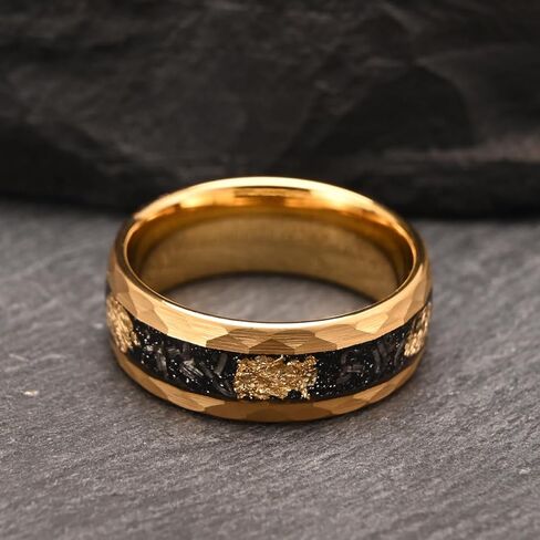 Gold Tungsten Carbide Ring for Men Women 8mm Hammered Inlaid with Gold foil and Meteorite Men's Wedding Bands Stylish and Luxurious in Saudi Arabia