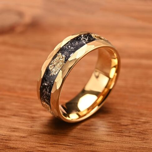 Gold Tungsten Carbide Ring for Men Women 8mm Hammered Inlaid with Gold foil and Meteorite Men's Wedding Bands Stylish and Luxurious in Saudi Arabia