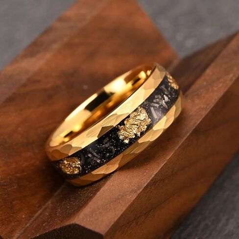 Gold Tungsten Carbide Ring for Men Women 8mm Hammered Inlaid with Gold foil and Meteorite Men's Wedding Bands Stylish and Luxurious in Saudi Arabia