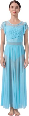 AFAVOM Lyrical Dance Costume for Women Mesh Ruffle Cutout Lyrical Dress Flowy Tulle Skirt Contemporary Dance Costumes XS-XL in Saudi Arabia
