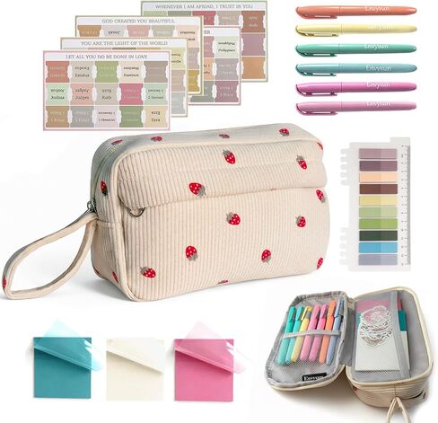Bible Study Supplies Journaling Kit for Women - Bible Annotation Kit with No Bleed Highlighters, Tabs & Pen Case - Valentine Christian Gift for Daily Devotional & Note Taking(Beige Strawberry) in Kuwait