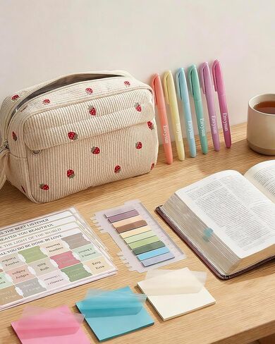 Bible Study Supplies Journaling Kit for Women - Bible Annotation Kit with No Bleed Highlighters, Tabs & Pen Case - Valentine Christian Gift for Daily Devotional & Note Taking(Beige Strawberry) in Kuwait