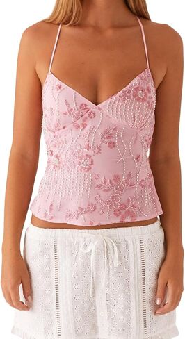Womens Sequin Straps Camisole Top Y2k Backless Flower Beaded Going Out Top Clubwear in Saudi Arabia