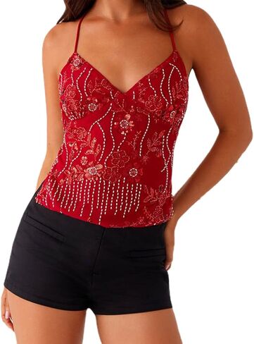 Womens Sequin Straps Camisole Top Y2k Backless Flower Beaded Going Out Top Clubwear in Saudi Arabia