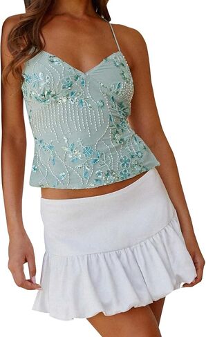 Womens Sequin Straps Camisole Top Y2k Backless Flower Beaded Going Out Top Clubwear in Saudi Arabia