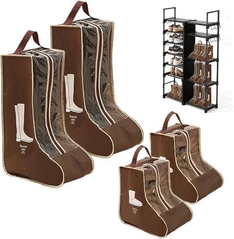 حقائب أحذية لأحذية رعاة البقر، حقائب أحذية للسفر، منظم تعليق مقاوم للغبار لأحذية رعاة البقر والأحذية القصيرة، واقي أحذية سفر محمول للجراج والخزانة، لون القهوة 4 قطع (2 طويل + 2 قصير) in Kuwait