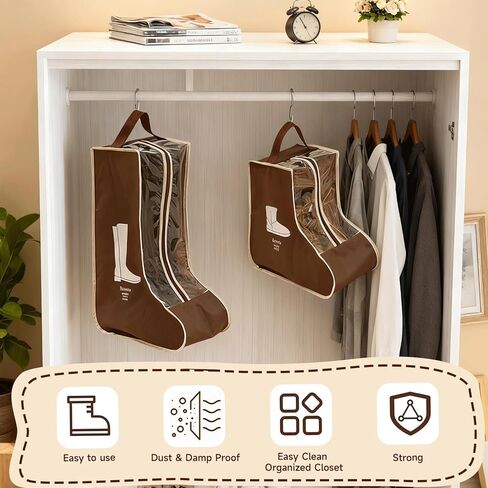 حقائب أحذية لأحذية رعاة البقر، حقائب أحذية للسفر، منظم تعليق مقاوم للغبار لأحذية رعاة البقر والأحذية القصيرة، واقي أحذية سفر محمول للجراج والخزانة، لون القهوة 4 قطع (2 طويل + 2 قصير) in Kuwait