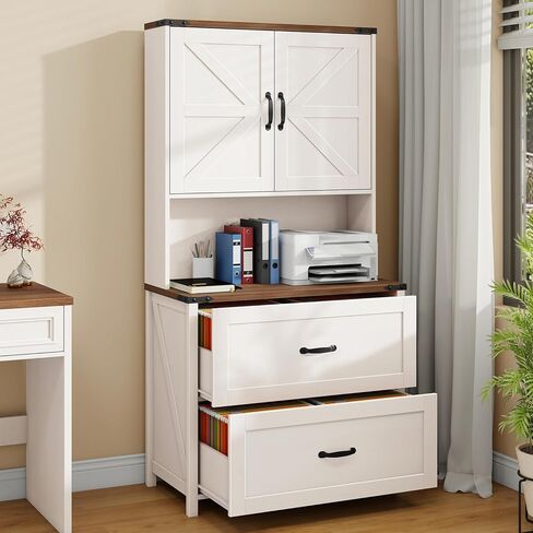 خزانة ملفات مع درجين للملفات المعلقة بحجم قانوني/رسائل/A4، خزانة ملفات للمزرعة مع رف قابل للتعديل، خزائن ملفات خشبية كبيرة لحامل طابعة المكتب المنزلي مع رف للكتب، أبيض in Kuwait