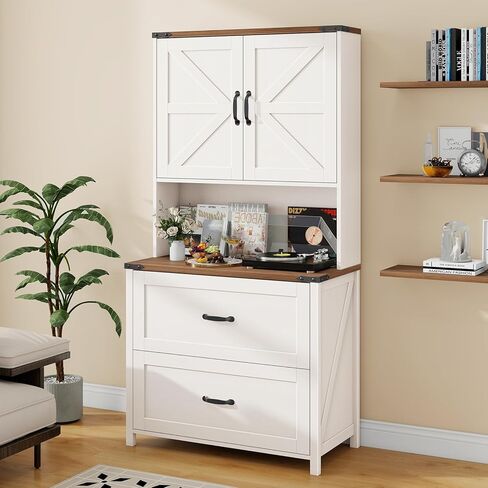 خزانة ملفات مع درجين للملفات المعلقة بحجم قانوني/رسائل/A4، خزانة ملفات للمزرعة مع رف قابل للتعديل، خزائن ملفات خشبية كبيرة لحامل طابعة المكتب المنزلي مع رف للكتب، أبيض in Kuwait