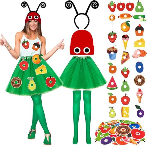 36 Pcs Caterpillar Costume Set Book Character Costumes Include Caterpillar Red Knitted Beanie Hat Headband Socks Skirt Self Adhesive Felt Foods Fruits for World Book Day Reading Week Party Fancy Dress in Saudi Arabia