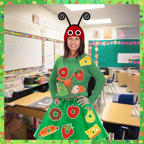 36 Pcs Caterpillar Costume Set Book Character Costumes Include Caterpillar Red Knitted Beanie Hat Headband Socks Skirt Self Adhesive Felt Foods Fruits for World Book Day Reading Week Party Fancy Dress in Saudi Arabia