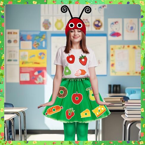 36 Pcs Caterpillar Costume Set Book Character Costumes Include Caterpillar Red Knitted Beanie Hat Headband Socks Skirt Self Adhesive Felt Foods Fruits for World Book Day Reading Week Party Fancy Dress in Saudi Arabia