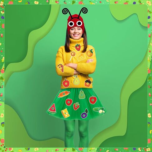 36 Pcs Caterpillar Costume Set Book Character Costumes Include Caterpillar Red Knitted Beanie Hat Headband Socks Skirt Self Adhesive Felt Foods Fruits for World Book Day Reading Week Party Fancy Dress in Saudi Arabia
