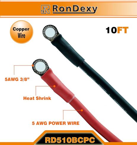 مجموعة كابلات عاكسة للبطارية RonDexy 5 AWG (مقياس)، زوج 10 أقدام (أحمر وأسود) - نحاس عالي النقاء خالٍ من الأكسجين للسيارات والمركبات الترفيهية والبحرية ومعدات العشب in Kuwait