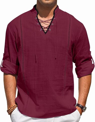 EDITCOZY الرجال القراصنة قميص زي الرباط القمم عصر النهضة فايكنغ القرون الوسطى هالوين القطن قميص كتان in Kuwait