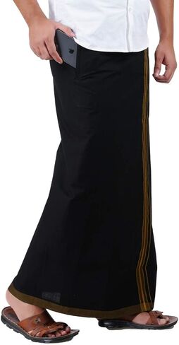 متوافق مع PRAKASAM COTTON للرجال باللون الأسود ذو الحواف الفاخرة وجيب Welcro Dhoti (HIMFAN-BLACK) in Kuwait