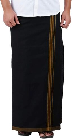 متوافق مع PRAKASAM COTTON للرجال باللون الأسود ذو الحواف الفاخرة وجيب Welcro Dhoti (HIMFAN-BLACK) in Kuwait
