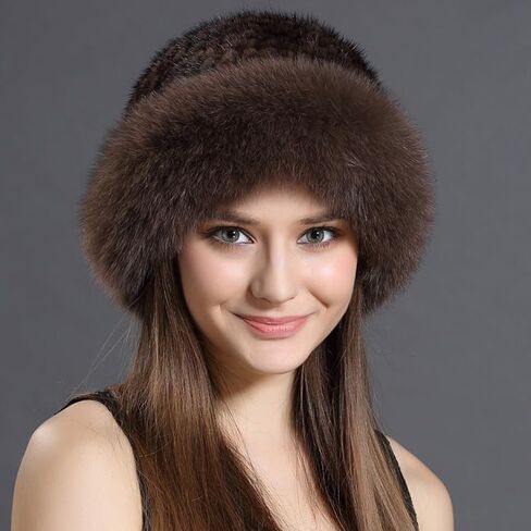 Luxury Natural Mink Fur Hat with Fox Fur Brim, Russian Style Winter Warm Knitted Furry Hat, Real Fur Cap for Women in Saudi Arabia