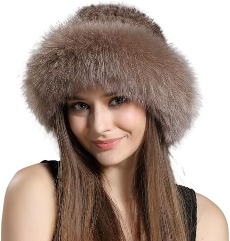 Luxury Natural Mink Fur Hat with Fox Fur Brim, Russian Style Winter Warm Knitted Furry Hat, Real Fur Cap for Women in Saudi Arabia