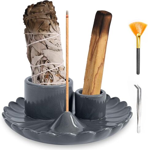حامل بخور 4 في 1، حامل بالو سانتو لحرق المريمية والعصي والشموع، مبخرة بخور سيراميك، صينية التقاط رماد سيراميك مقاس 5.3 بوصة لديكور المنزل في غرفة التأمل in Kuwait