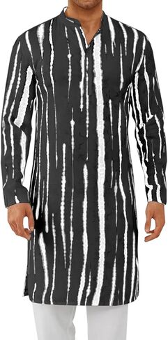 Runcati Mens Kaftan Robe Tie-Dye Long Sleeve Button Down Henley Shirts Thobe Hipster Print Side Split Gown Shirt in Saudi Arabia