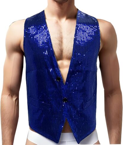 Men's Sparkling Sequin Vest V-Neck Slim Fit Waistcoat for Dancing Christmas Party Wedding Prom Events in Kuwait