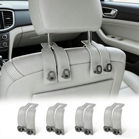 Car Headrest Hooks Universal Car Purse Hook Premium Leather and Alloy Twin Hook Car Seat Back Storage Hanger Hook for Purse Bags Cloth Drink Durable Holder Car Accessories (BH09-White-Gold-4 Pcs) in Saudi Arabia