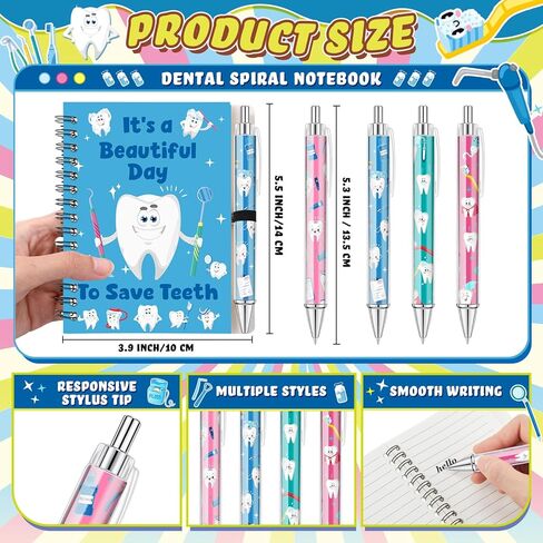 12 Sets Dental Assistant Gifts Bulk Dental Assistant Book and Tooth Pens Set Spiral Journal Notebook Dentist Gifts for Appreciation Week Hygienist Women in Kuwait