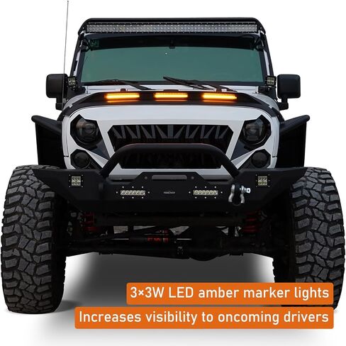 Hooke Road Wrangler Hood Protector Bug Deflector Stone Guard with Amber Running Lights for 2007-2018 Jeep Wrangler JK & JKU Unlimited 2/4 Doors in Kuwait